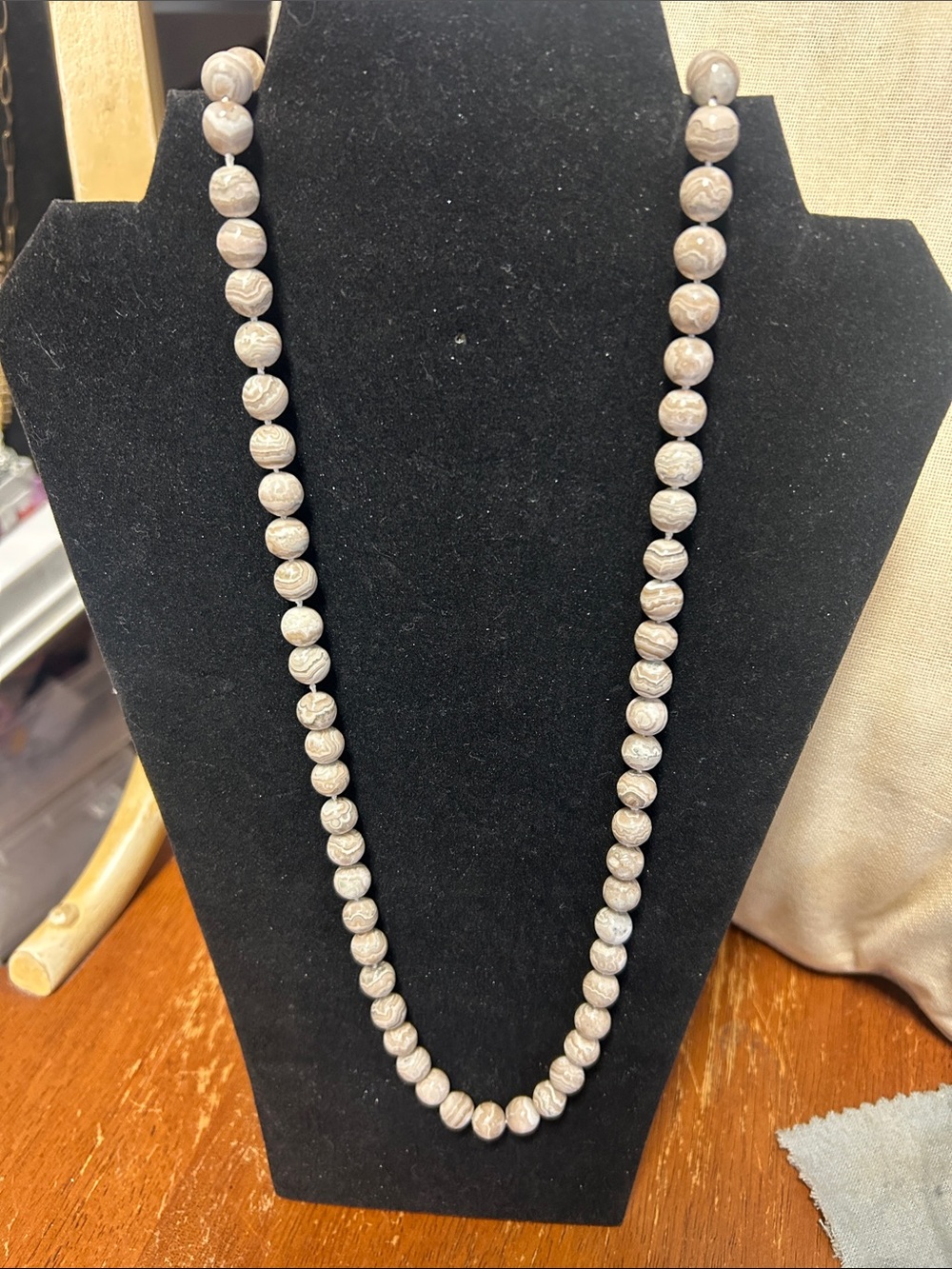 34 inch Opera Length White Crazy Lace Agate Gemstone Necklace 14K gold clasp